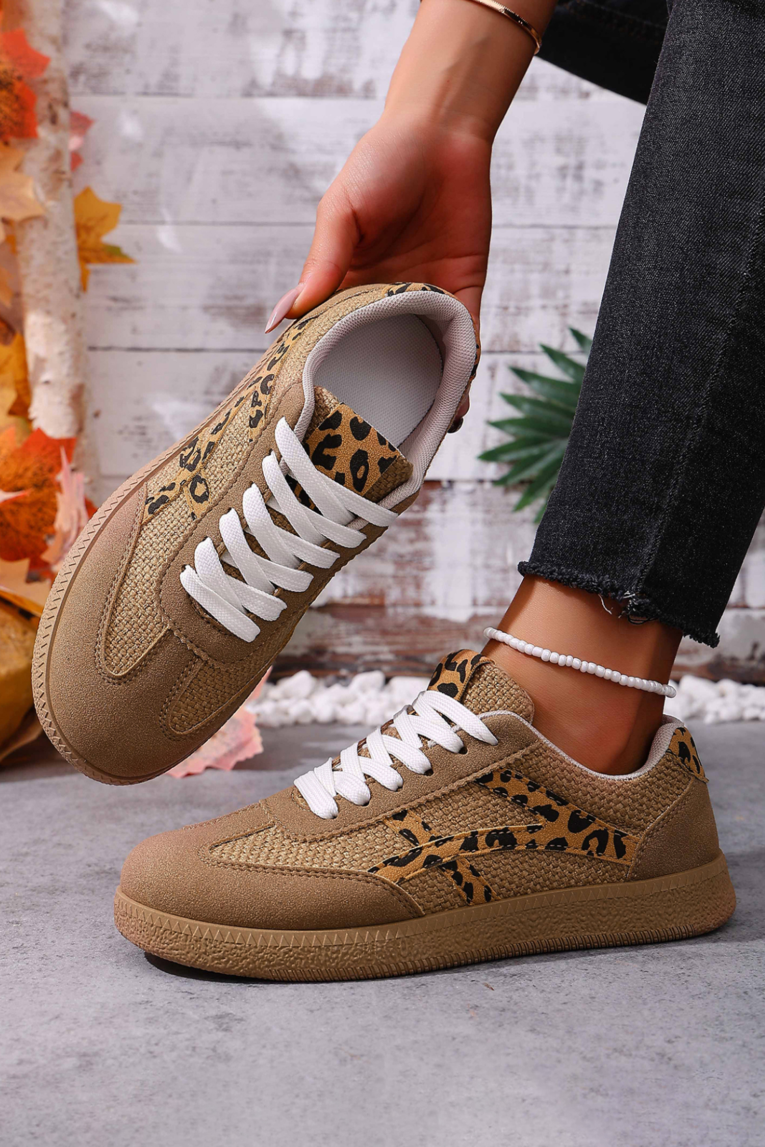 Coffee Faux Suede Contrast Patchwork Detail Lace Up Flat Sneakers
