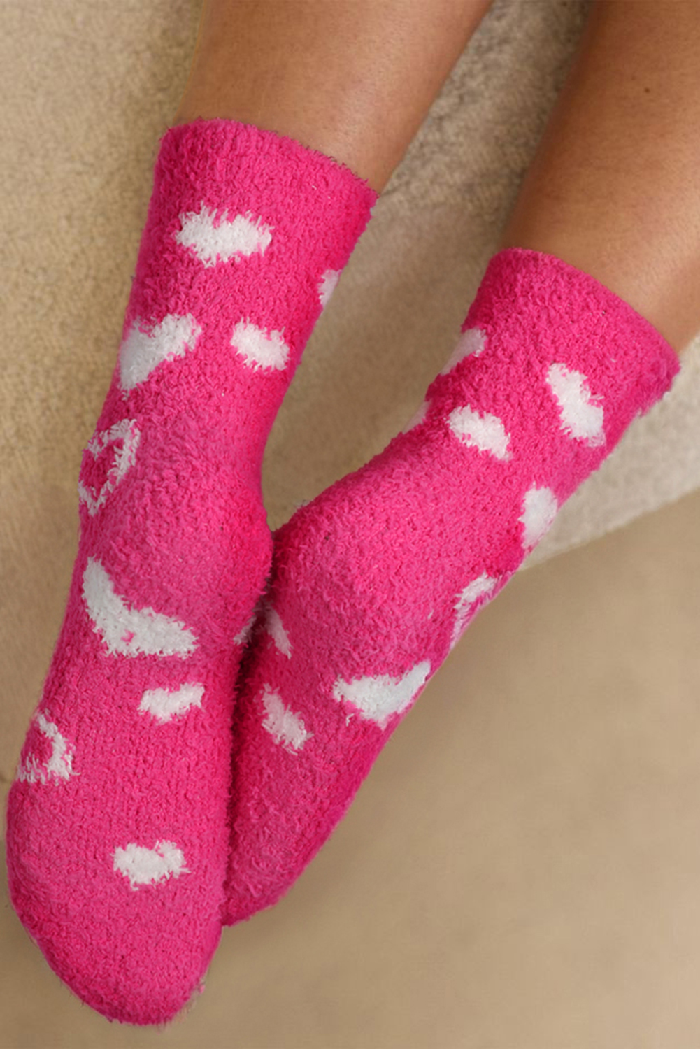 Dearlovers Strawberry Pink Heart Shape Print Coral Fleece Thick Crew Socks