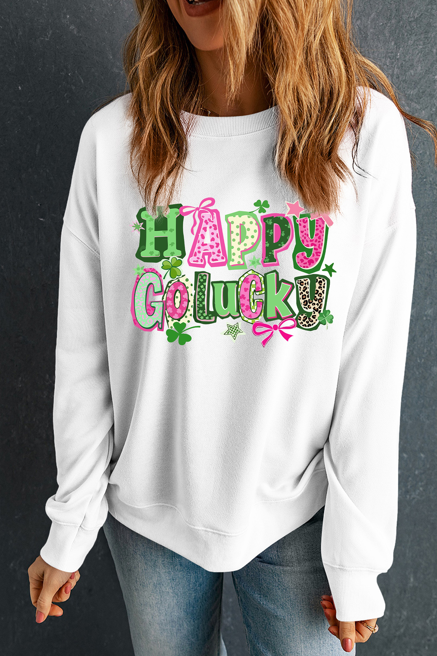 White HAPPY GO LUCKY Playful Letter Print Sweatshirt