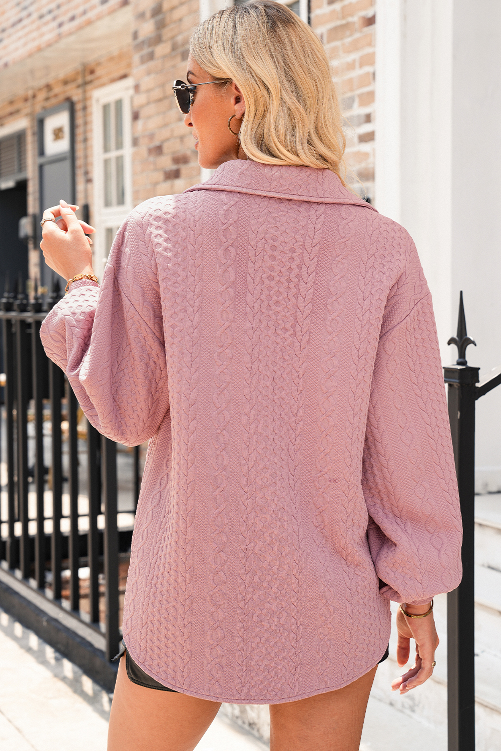 Sepia Rose Cable Texture Puff Sleeve Loose Shacket