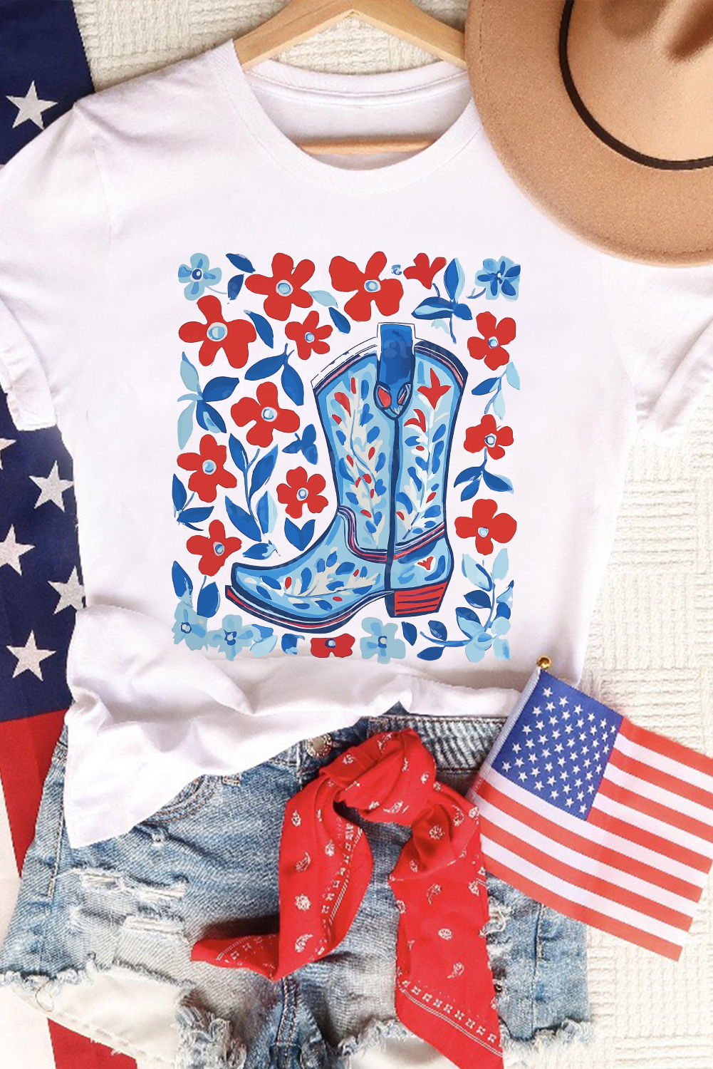 White Floral Western Boots Printed Cotton Blend T Shirt
