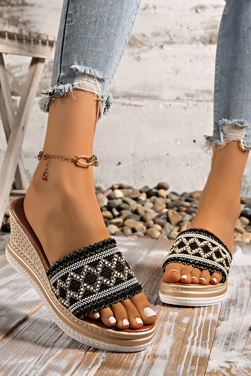 Black Woven Band PU Leather Wedge Slippers