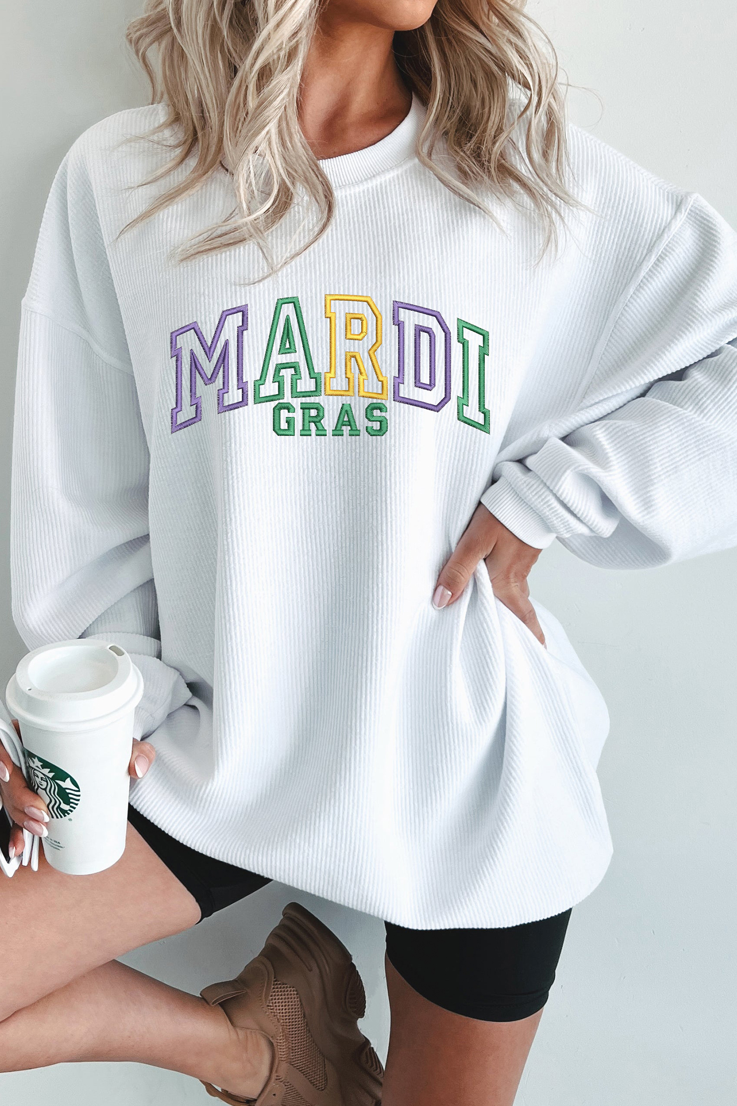 White Oversize Corded MARDI GRAS Embroidered Sweatshirt