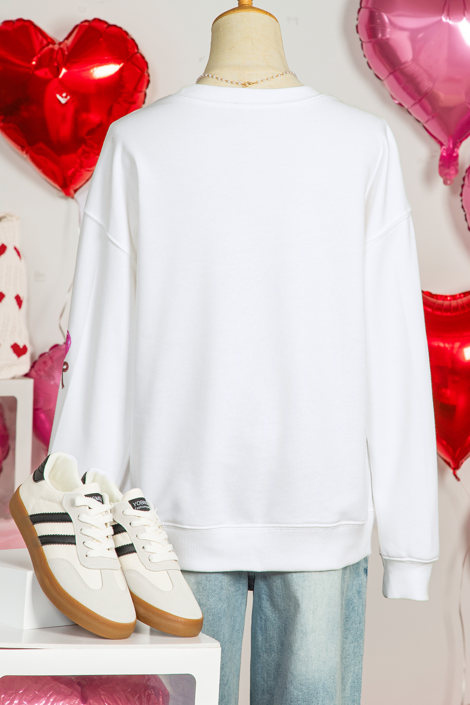 White Sequin Bow Heart Shape Lolly Valentines Day Graphic Sweatshirt