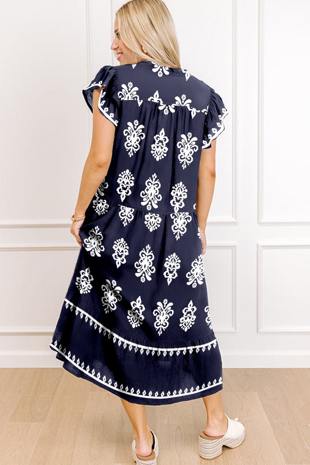 Blue Western Ethnic Print Notched Neck Short Sleeve Midi Dress