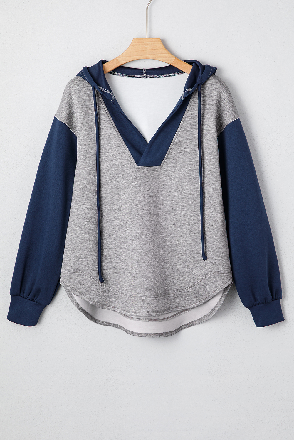Light Grey Color Block Patchwork V Neck Drawstring Hoodie