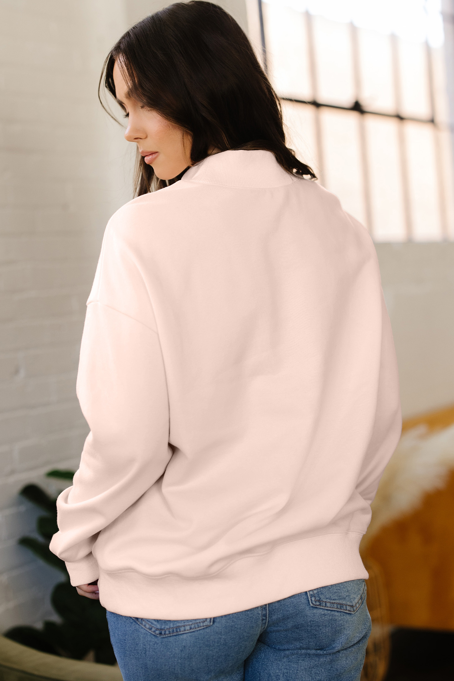 Apricot Pink Mock Neck Love Letter Embroidered Valentines Day Sweatshirt