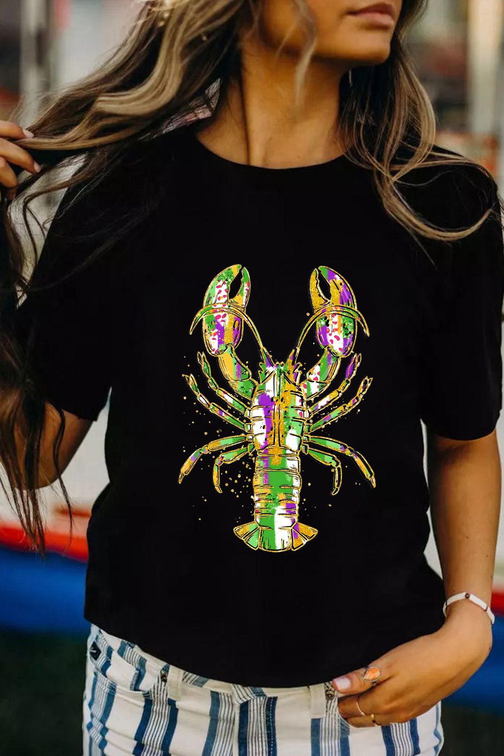 Black Mardi Gras Lobster Heat Transfer Graphic T Shirt