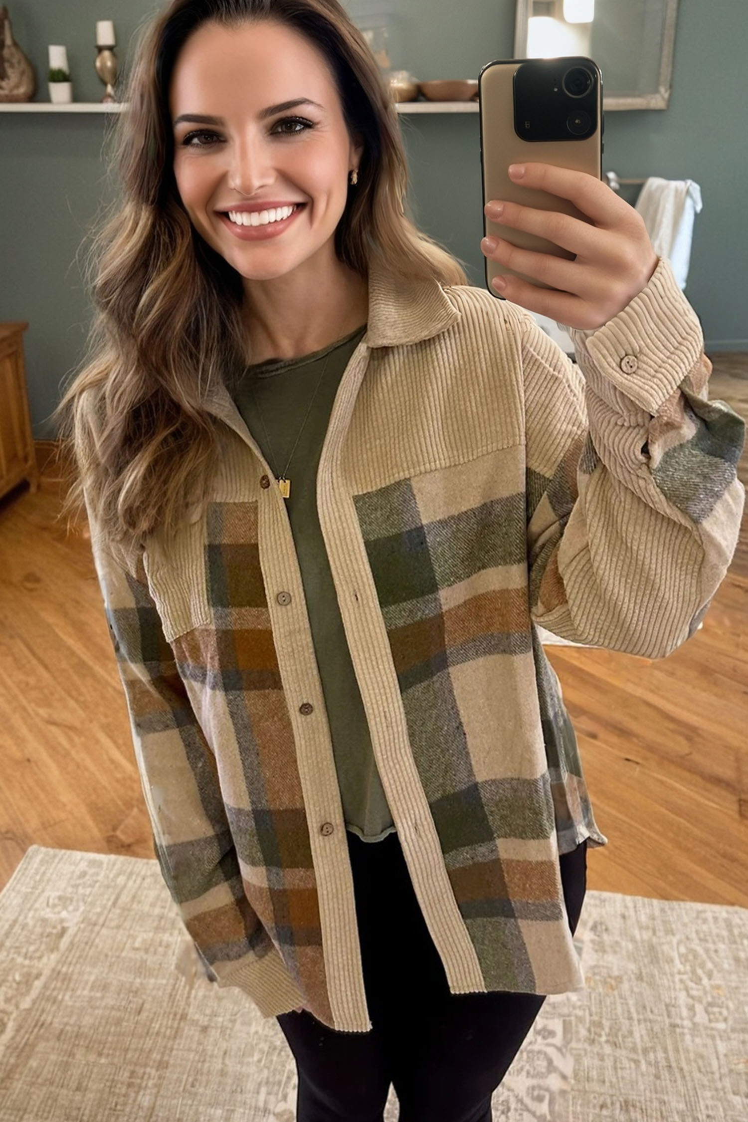 Parchment Retro Plaid Corduroy Patchwork Shacket