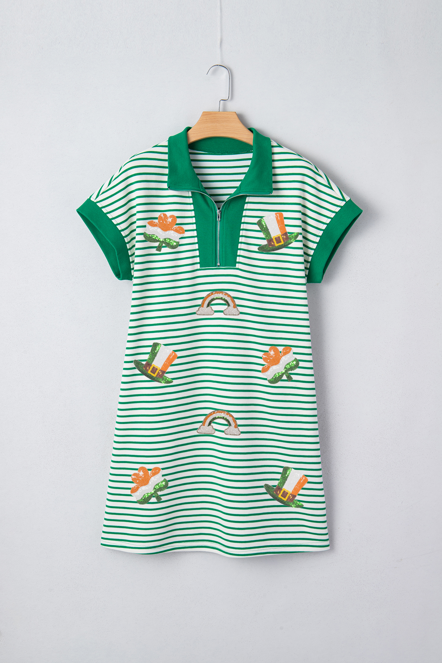 Green Stripe Magic St Patricks Day Sequin Graphic Zip Polo Tee Dress