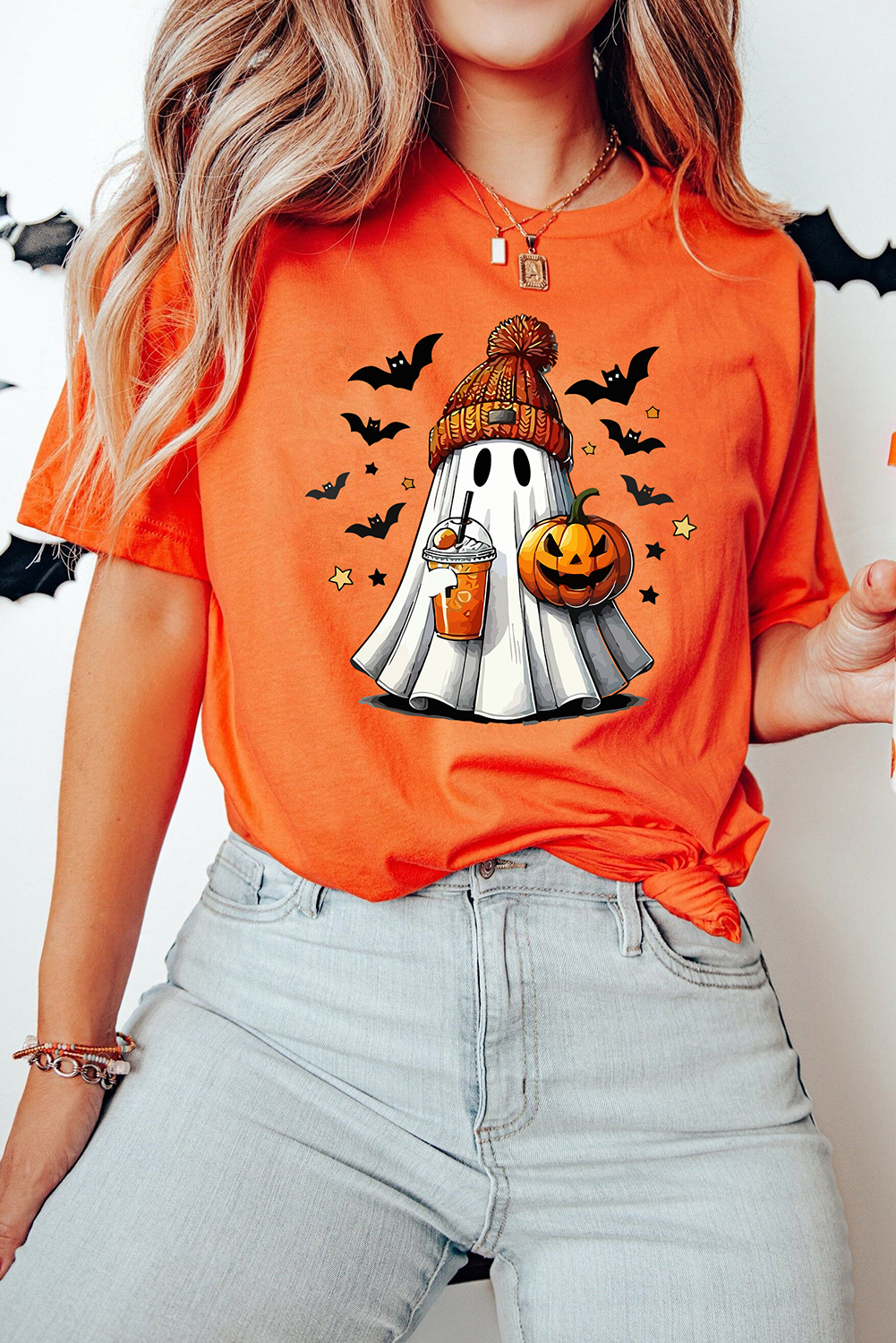 Orange Playful Halloween Ghost Pumpkin Print Womens Casual Tee