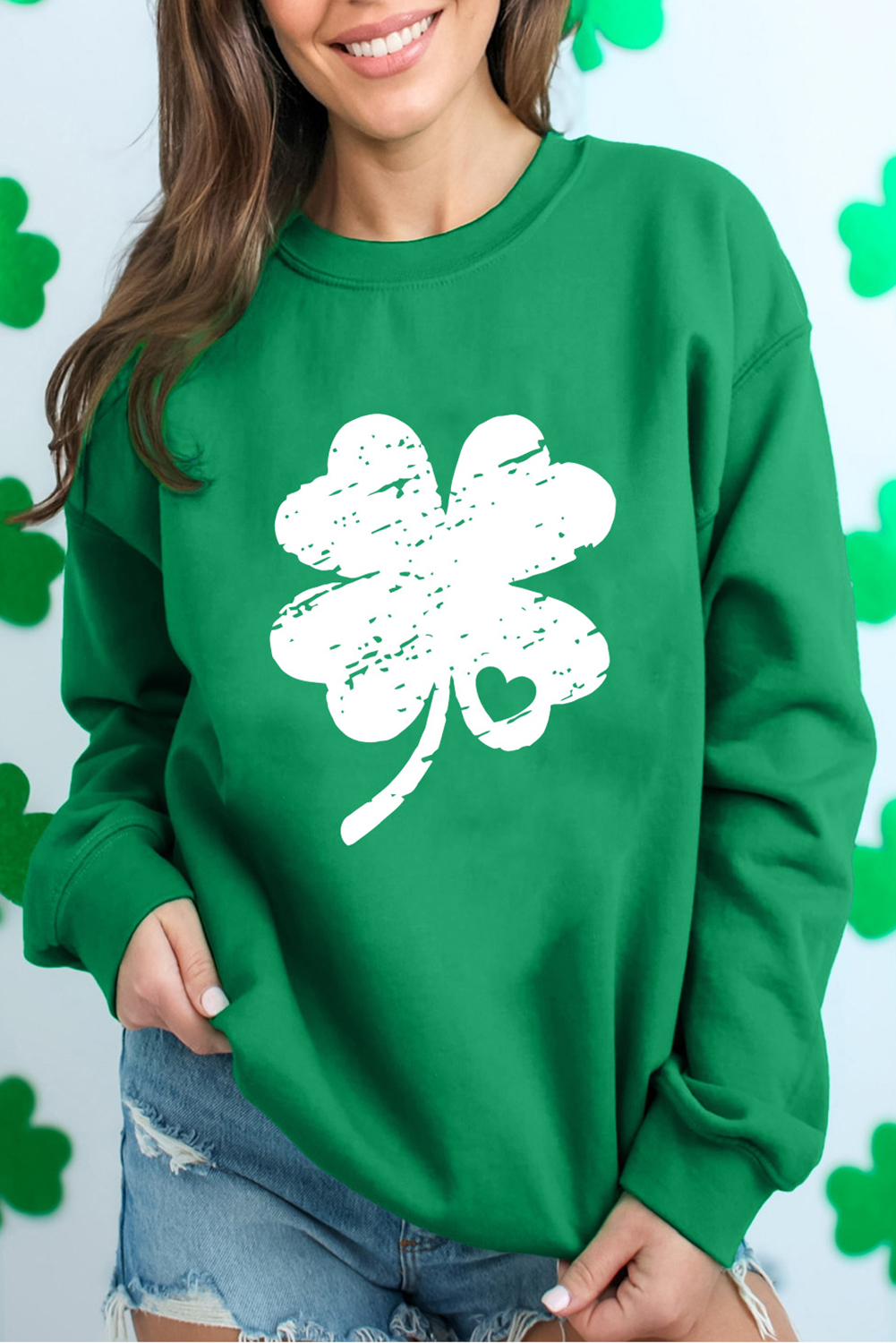 Dark Green St. Patricks Lucky Clover Graphic Sweatshirt