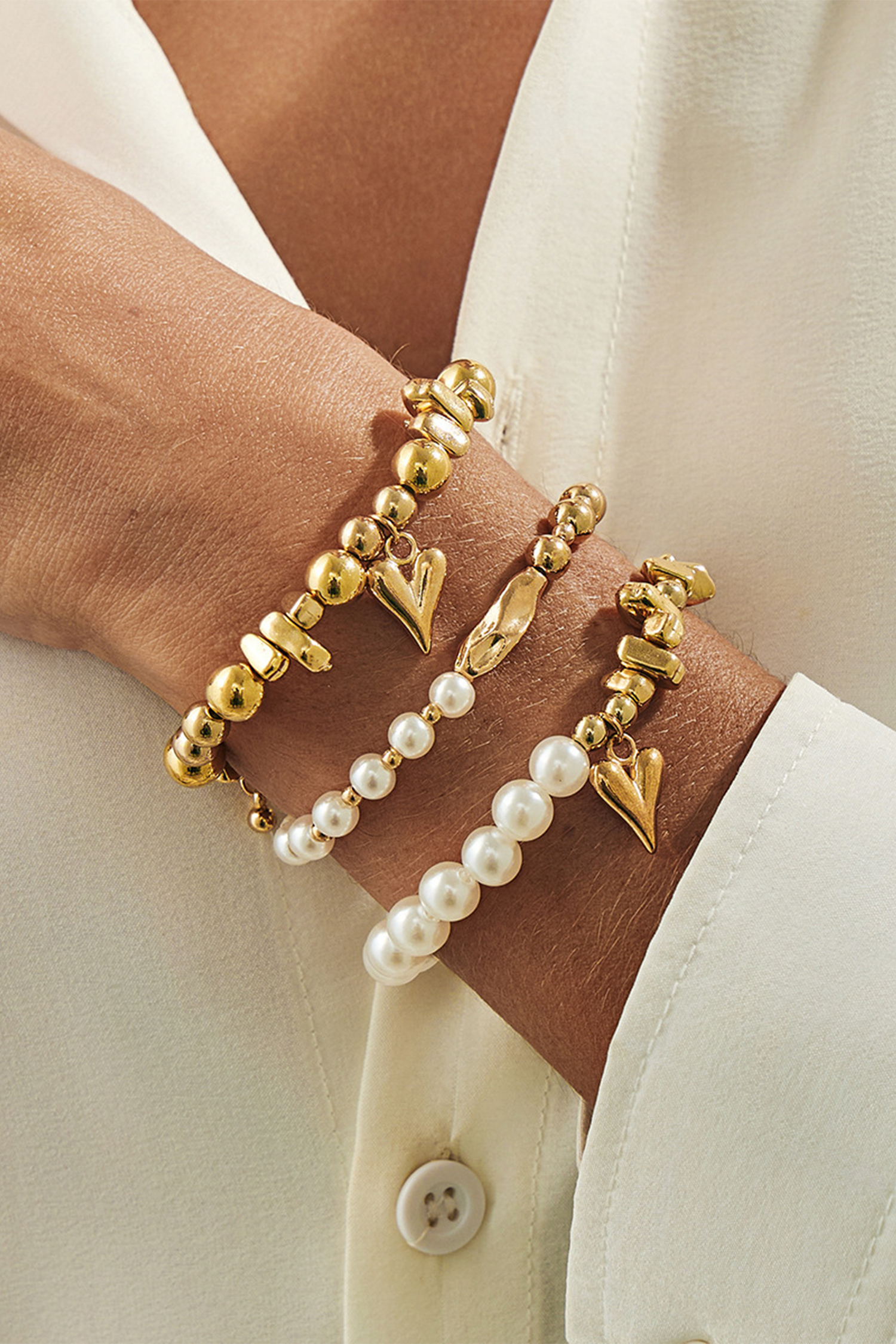 Gold 3pcs Irregular Beads Pearl Detail Bracelet Set