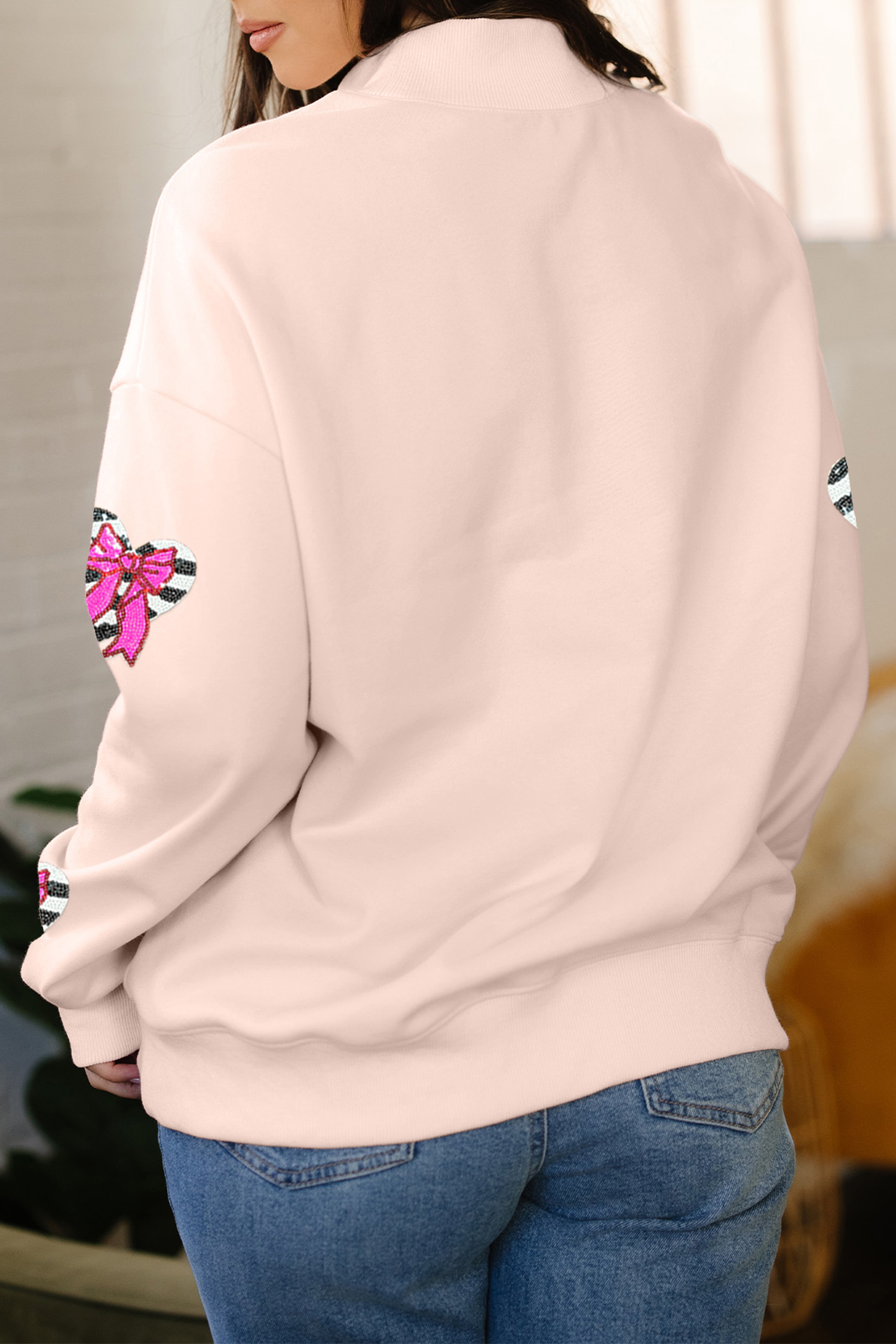Apricot Pink Mock Neck Sequin Bow Striped Heart Patched Oversize Sweatshirt
