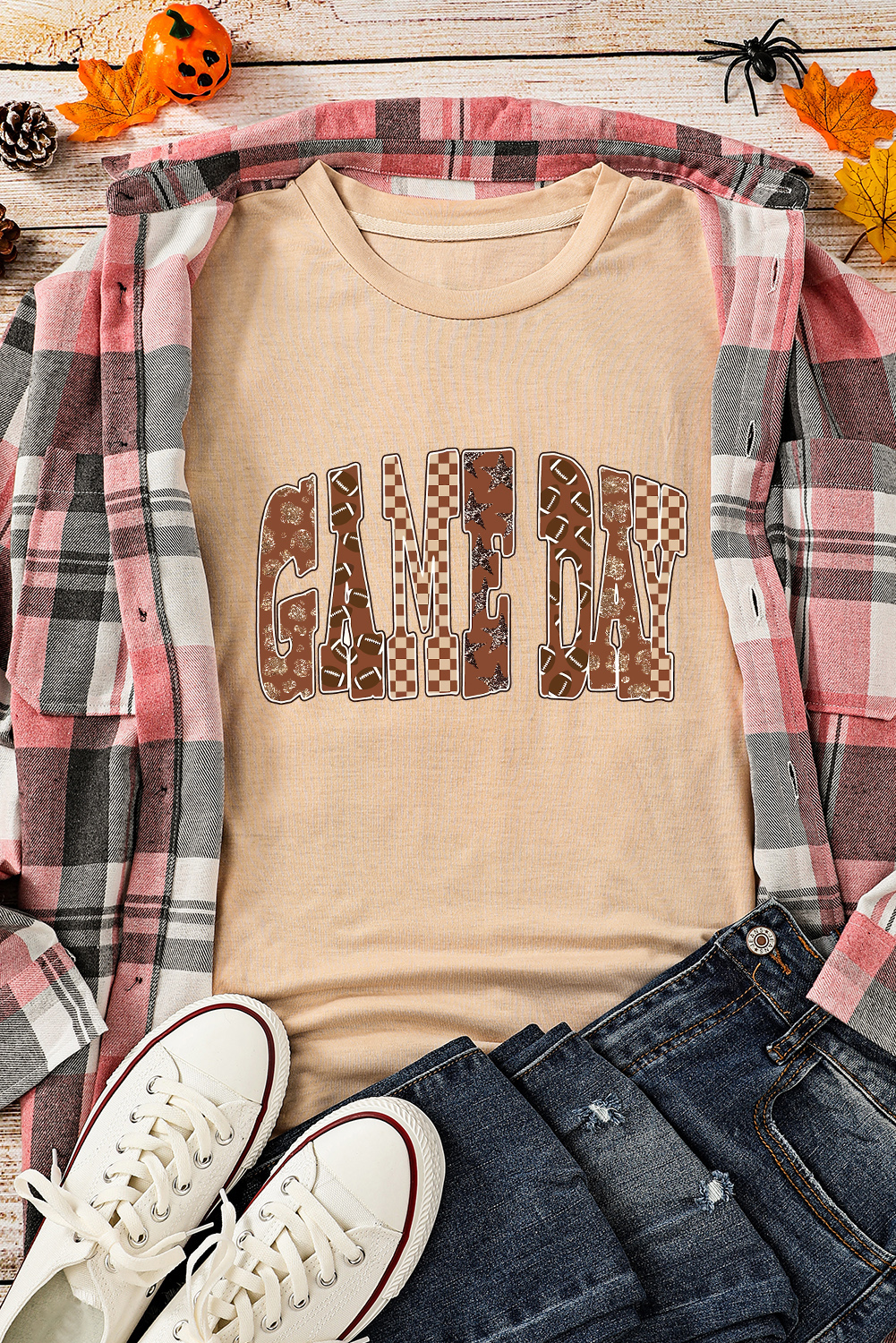 Khaki GAME DAY Rugby Checkered Letter Graphic T Shirt
