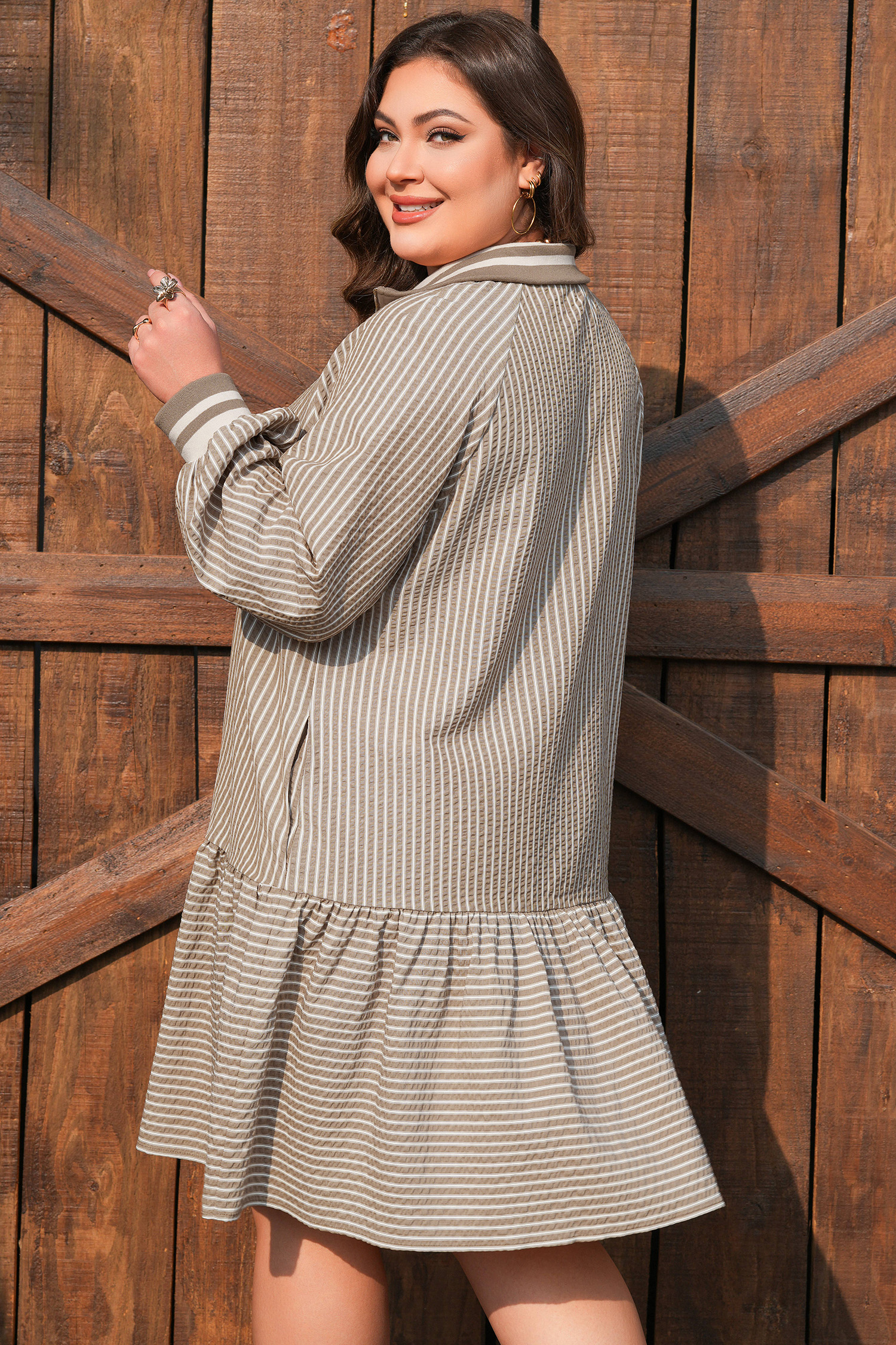 Khaki Stripe Zip up Collared Puff Sleeve Ruffled Plus Size Mini Dress