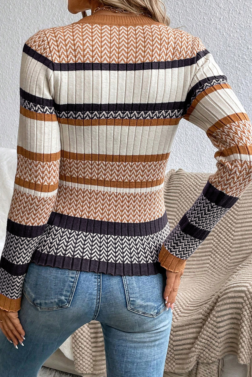 Brown Stripe Stylish Pattern Knitted Ribbed Trim Slim Sweater