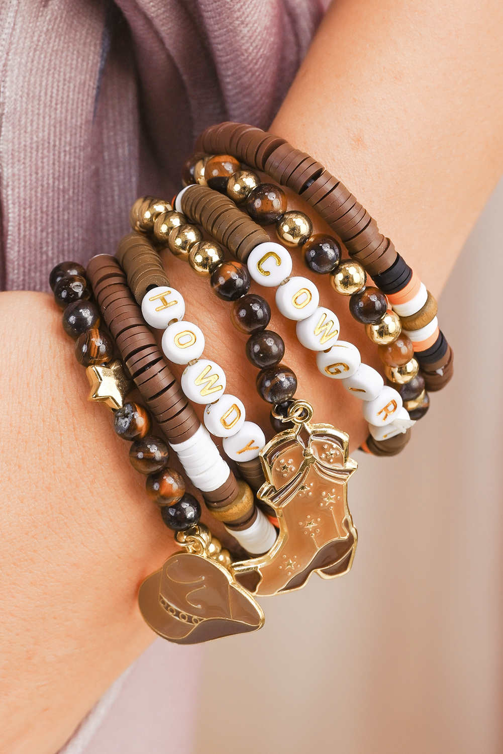 Coffee HOWDY COWGIRL Western Beaded 7pcs Stretch Bracelet Set
