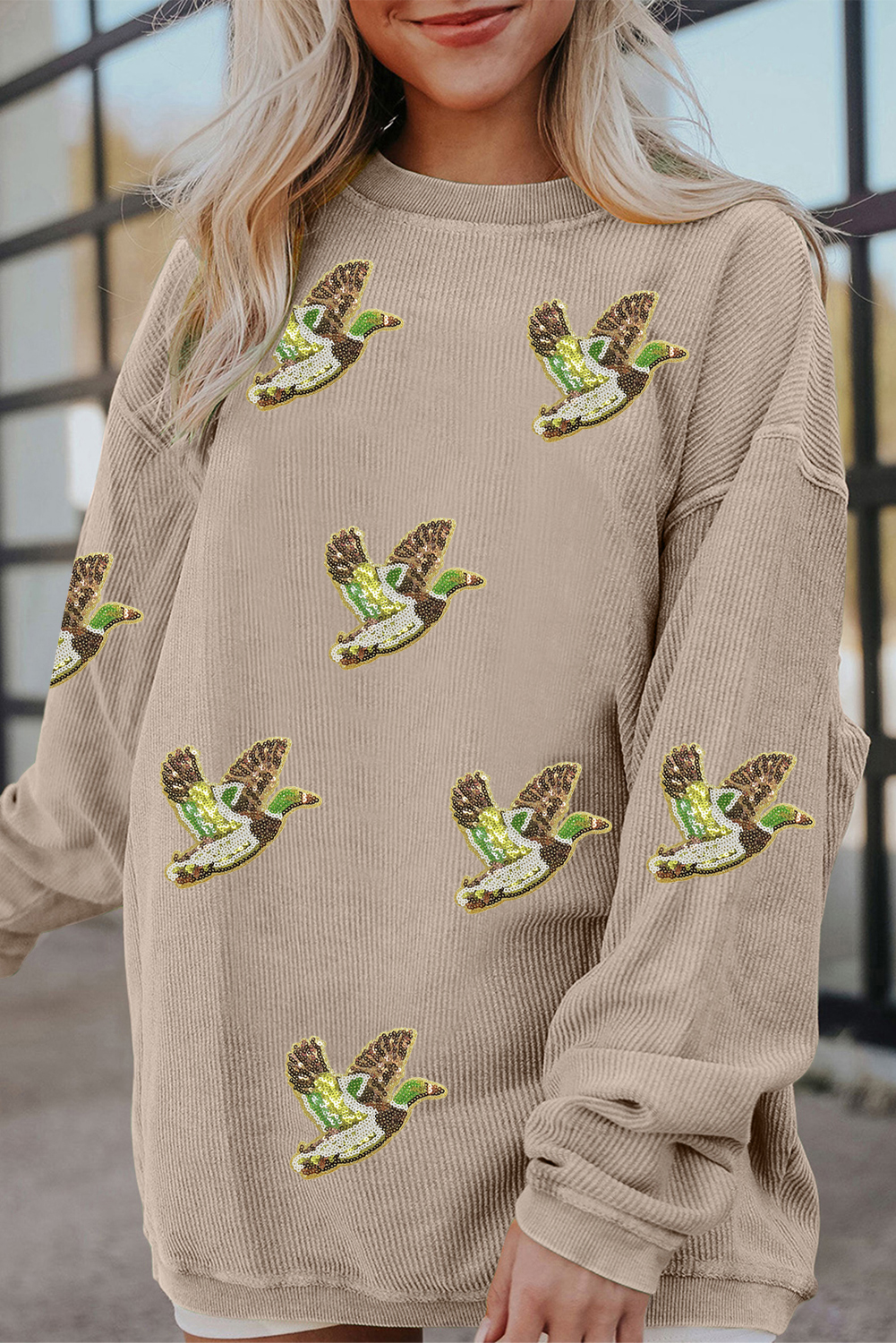 Smoke Gray Sequined Bird Pattern Corded Thanksgiving Sweatshirt