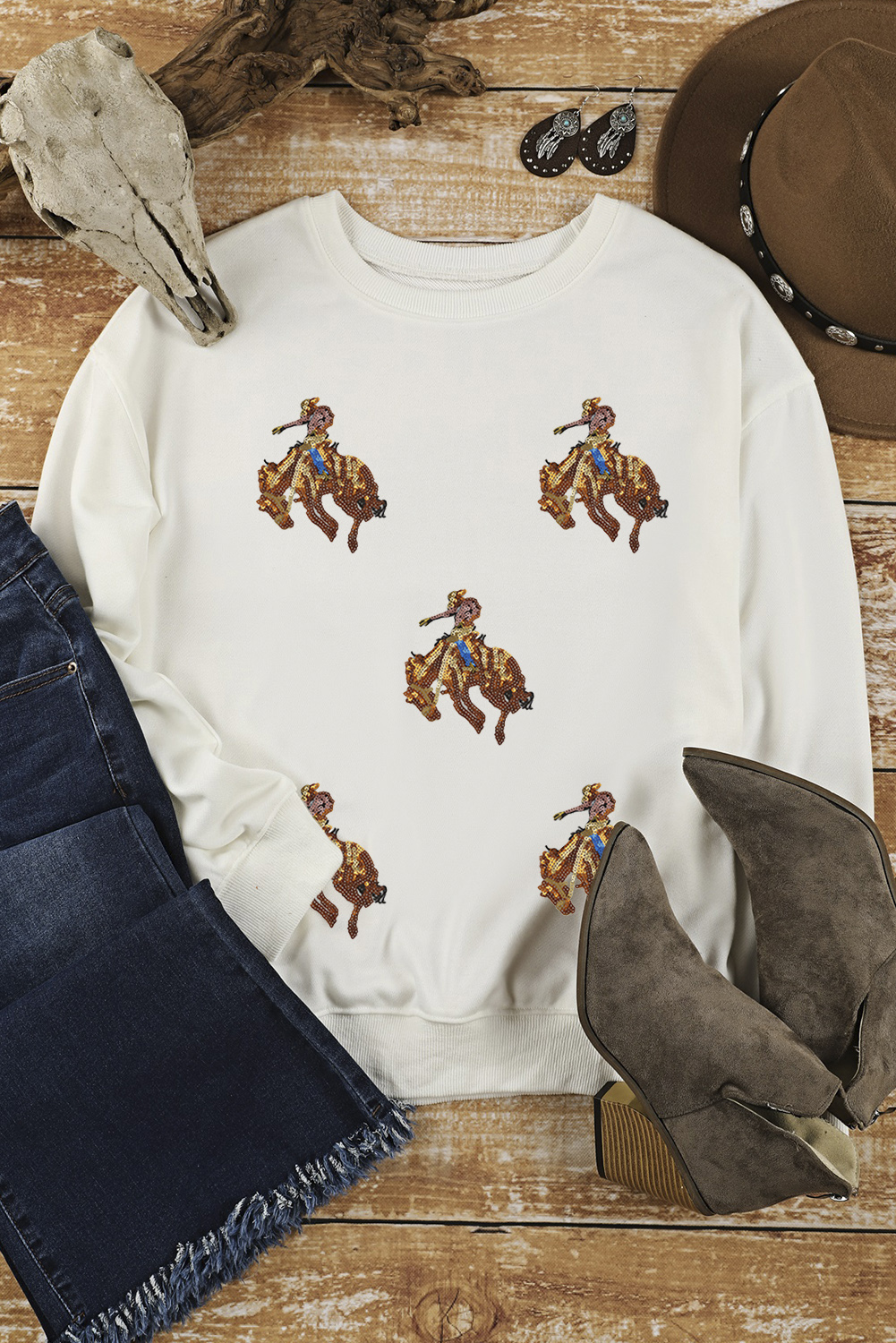 White Sequin Rodeo Patched Drop Shoulder Sweatshirt