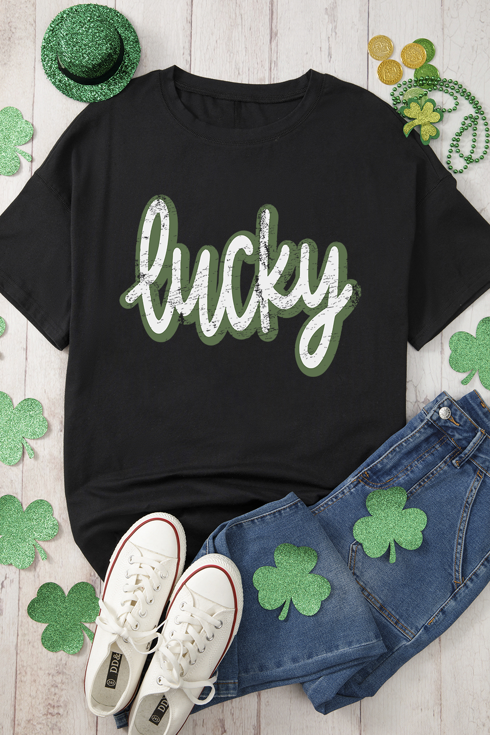 Black St Patricks Day lucky Cracked Letter Graphic T Shirt
