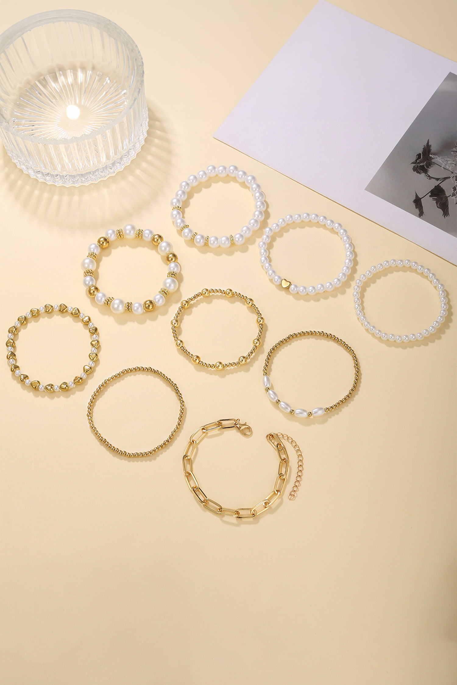 Gold 9-Piece Mixed Faux Pearl Bead Stretch Bracelet Set