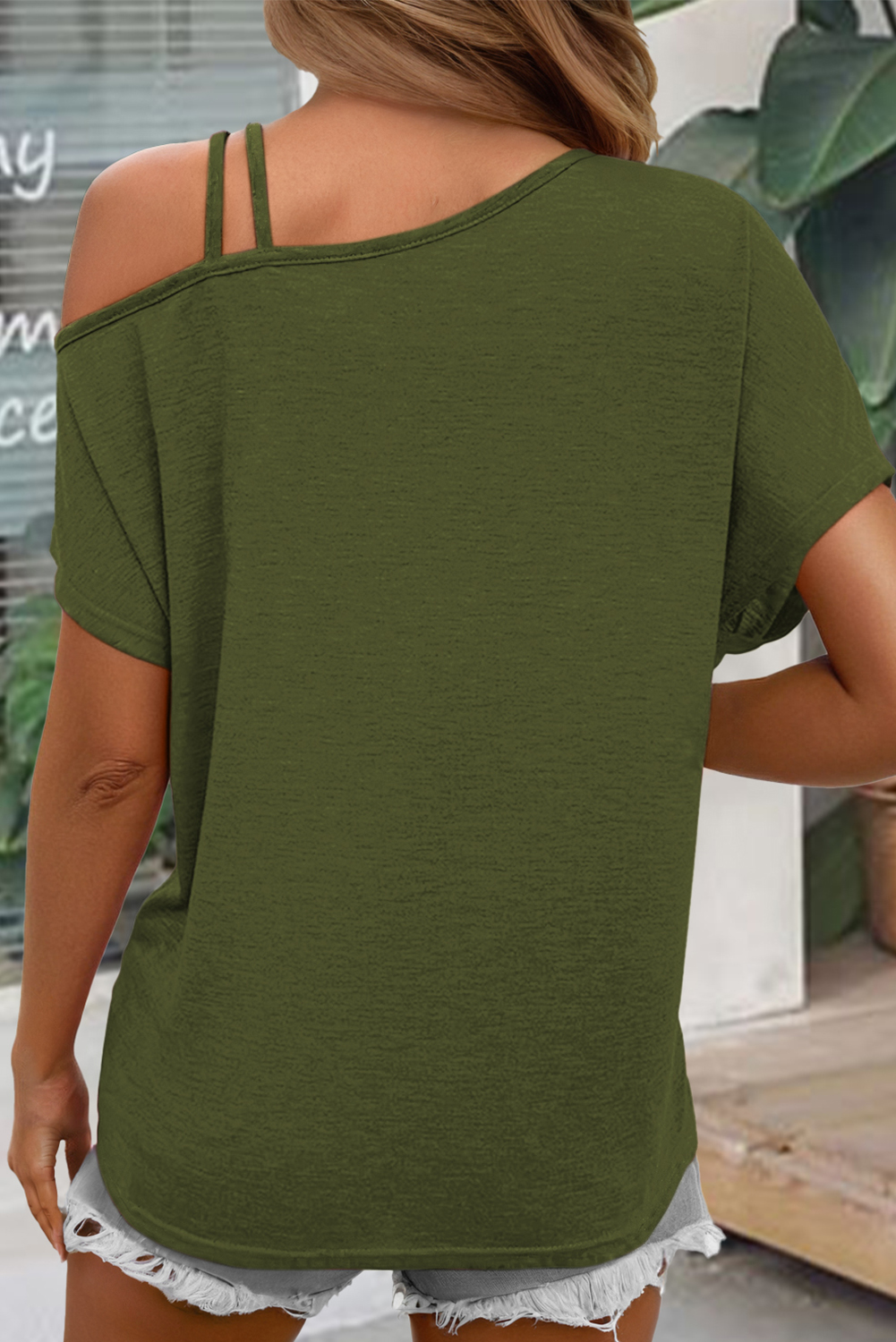 Fern Green Asymmetric Shoulder Color Block Twist Detail Loose Top