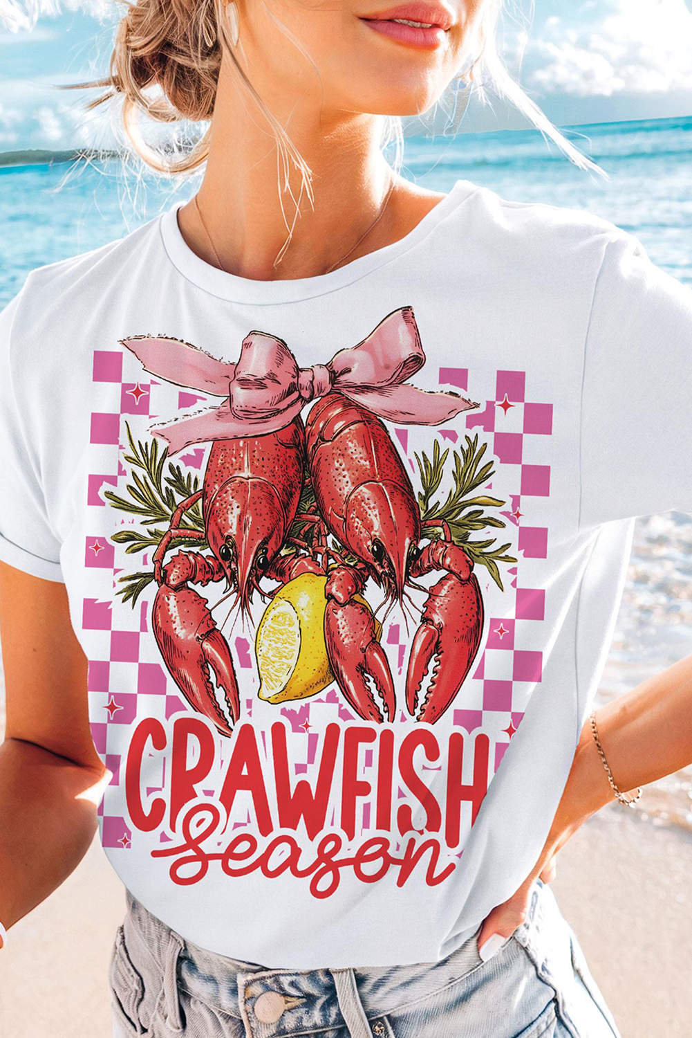 White Checkerboard Bow Crawfish Season Printed Crewneck T Shirt