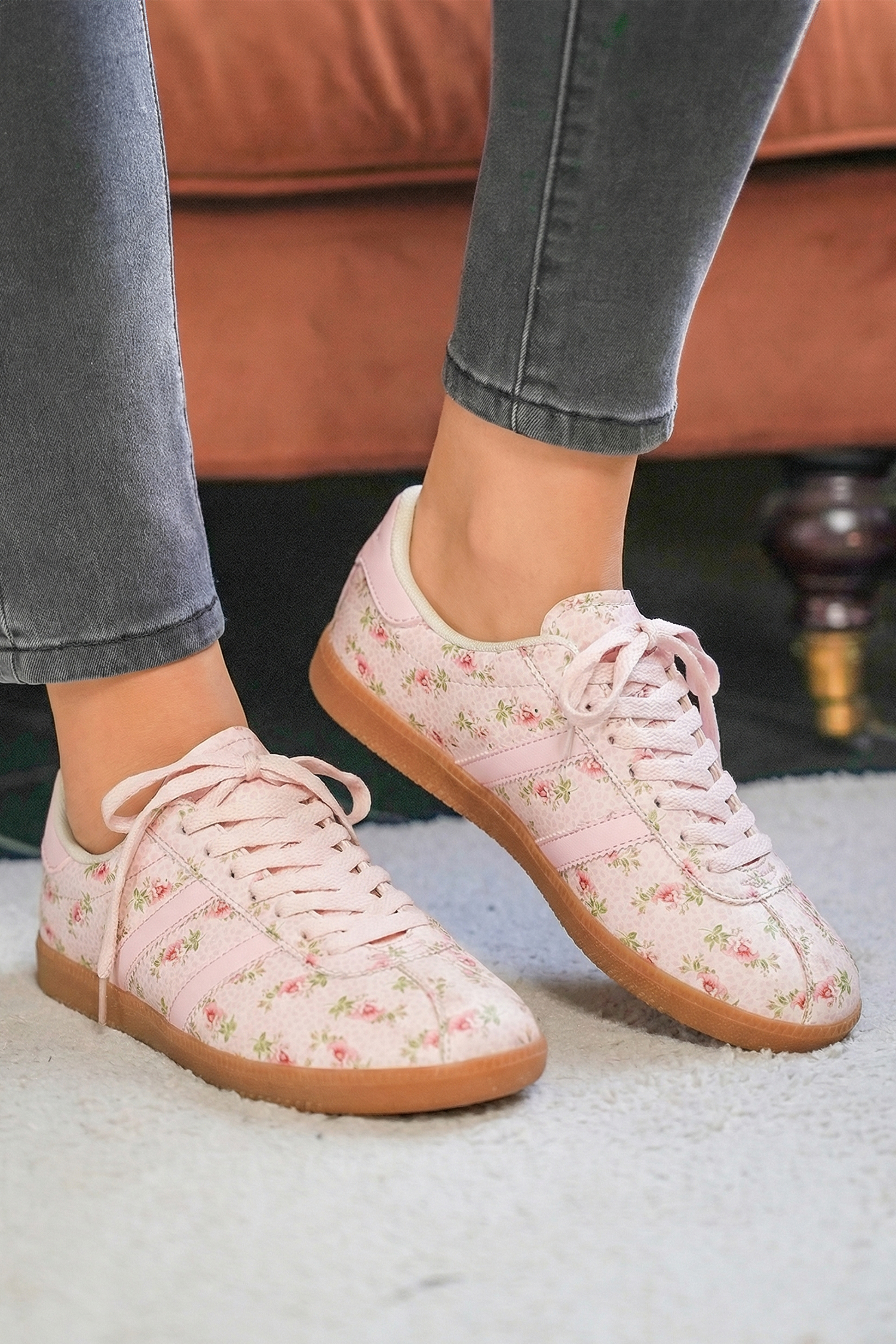 Light Pink Floral Print Lace-up PU Leather Flat Shoes