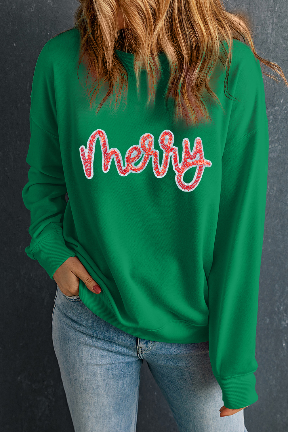 Dark Green merry Sequin Letter Patched Drop Shoulder Baggy Sweatshirt