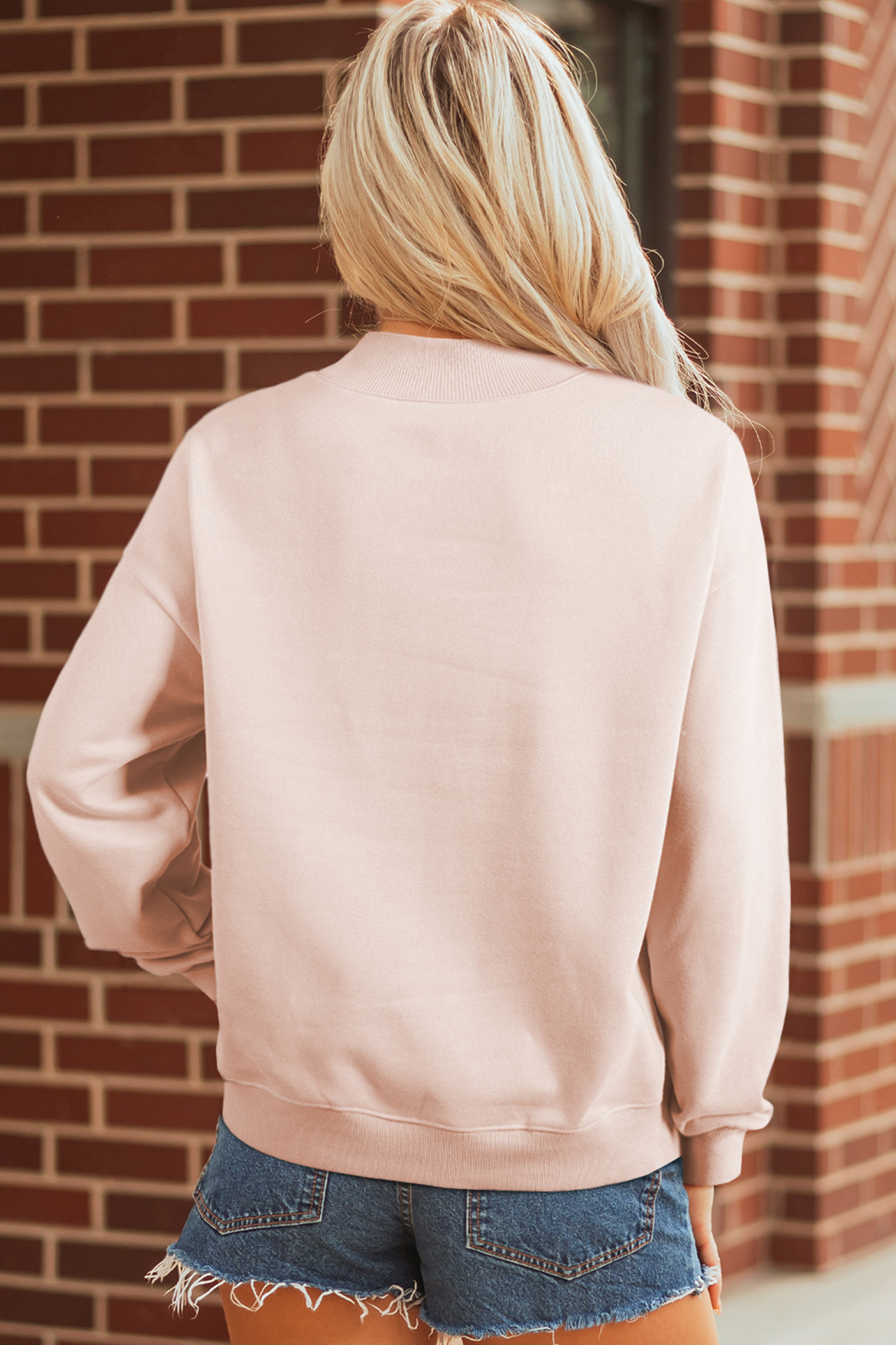 Apricot Pink Artistic Easter Eggs Sequin Patch Graphic Mock Neck Sweatshirt