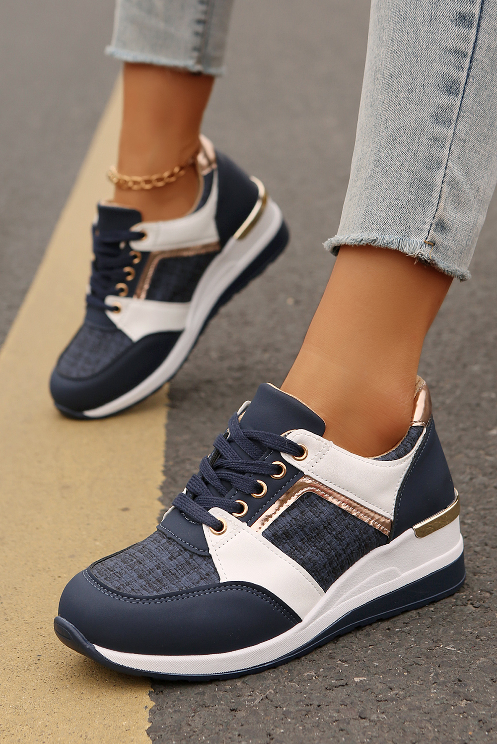 Blackish Green Glitter Patched Lace-up Wedge Sneakers
