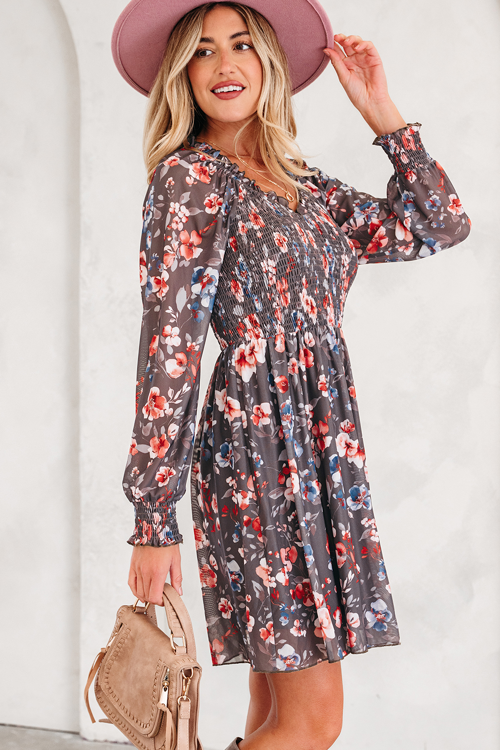 Brown Frilly Smocked Bodice Floral Mesh Long Sleeve Mini Dress