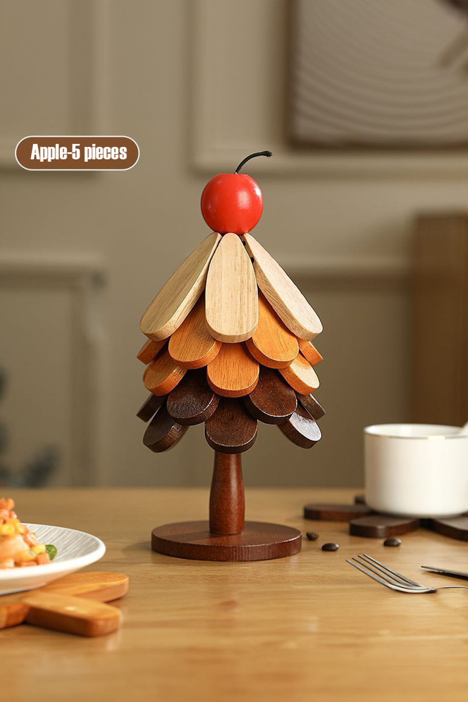 Fiery Red Cherry Wooden Trivets Christmas Tree 5pcs Heat Resistant Coaster
