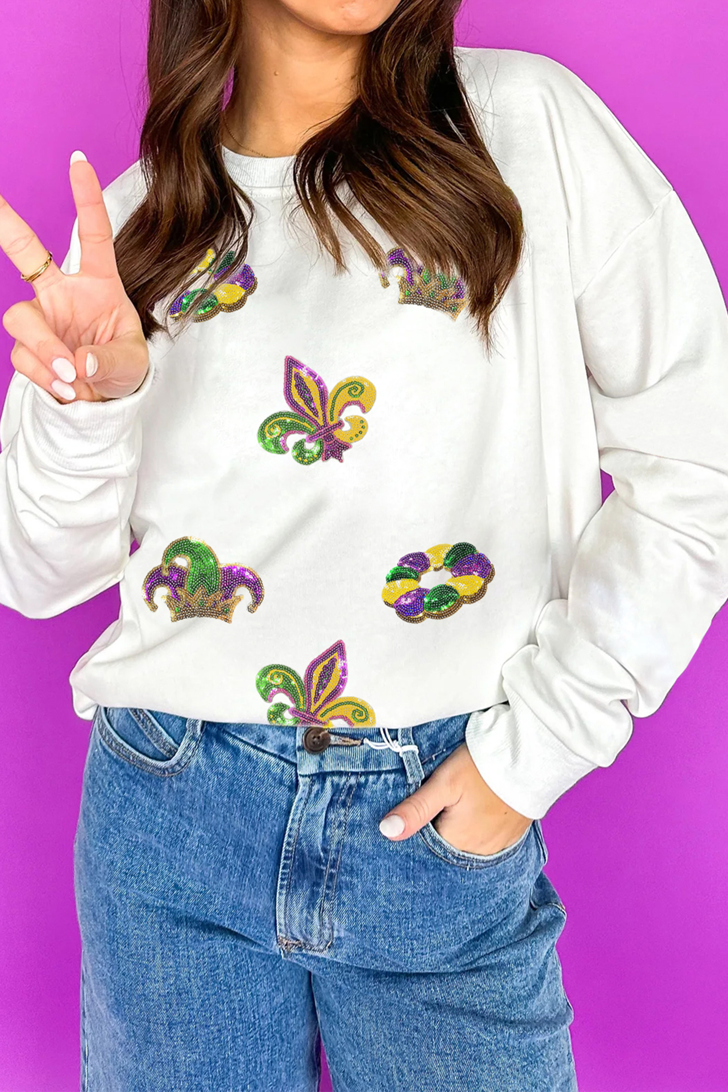 White Mardi Gras Sequin Crown Fleur De Lis Pullover Sweatshirt