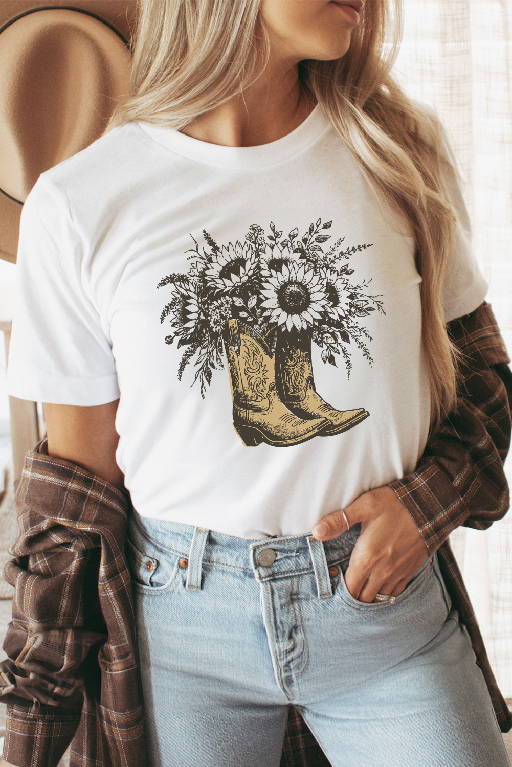 White Sunflower Cowgirl Boots Cotton Blend Graphic Tee