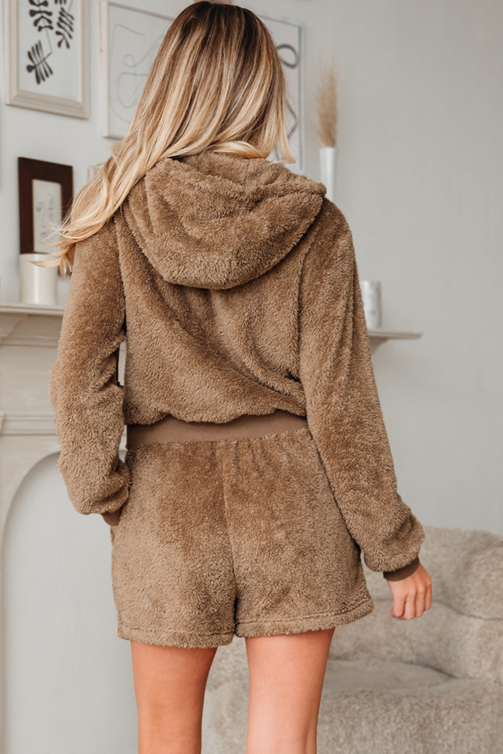 Parchment Zip Up Hoodie Drawstring Shorts Sherpa 2pcs Outfit