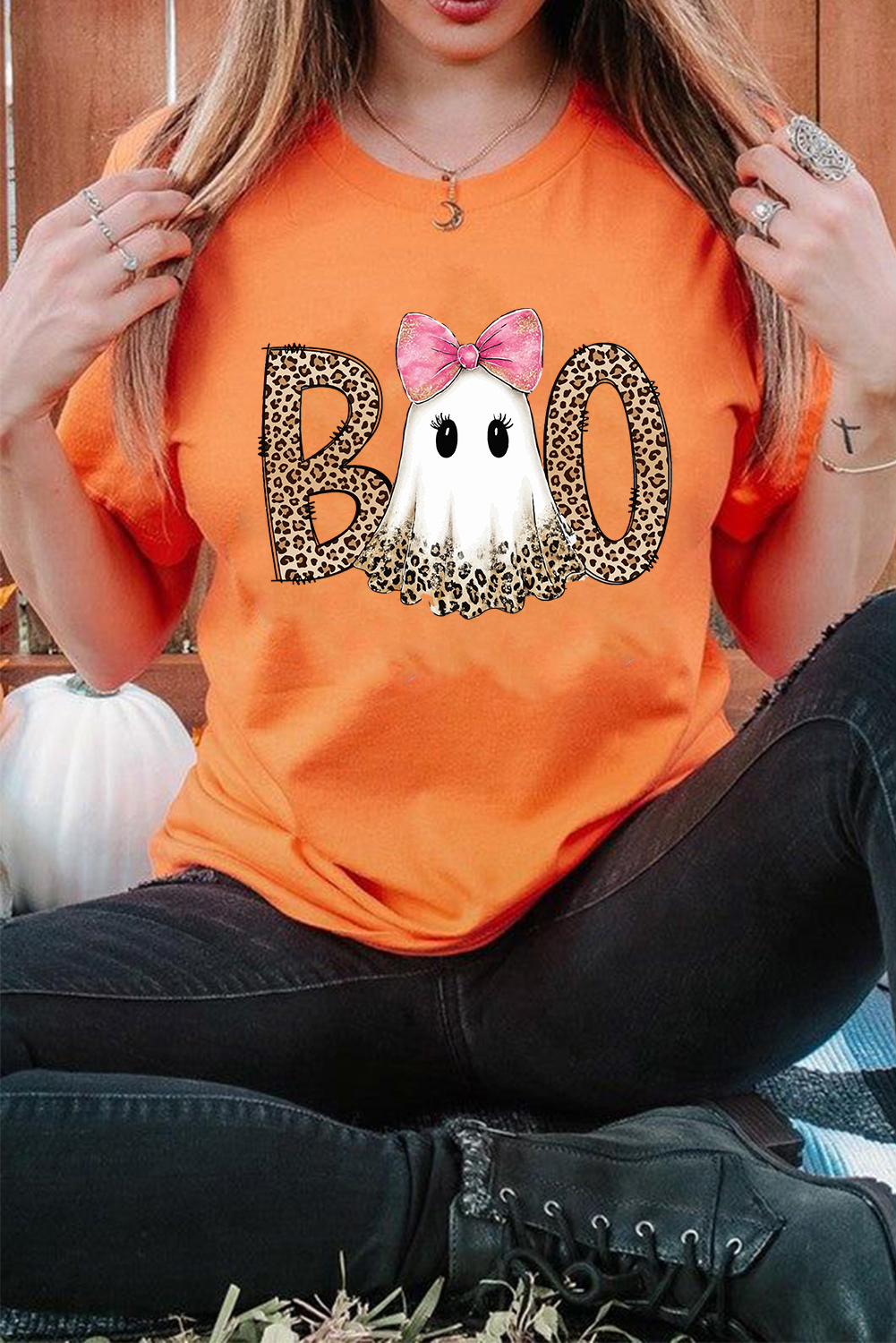 Orange BOO Leopard Letter Print Halloween Ghost T Shirt