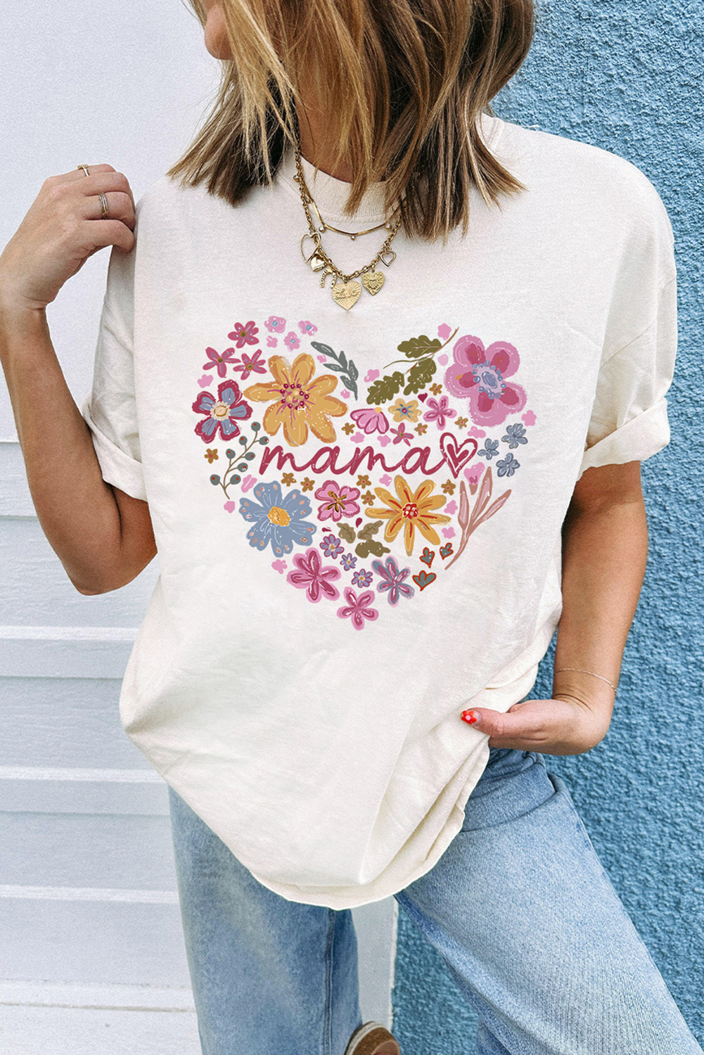 White MAMA Flower Heart Cotton Blend Graphic Tee