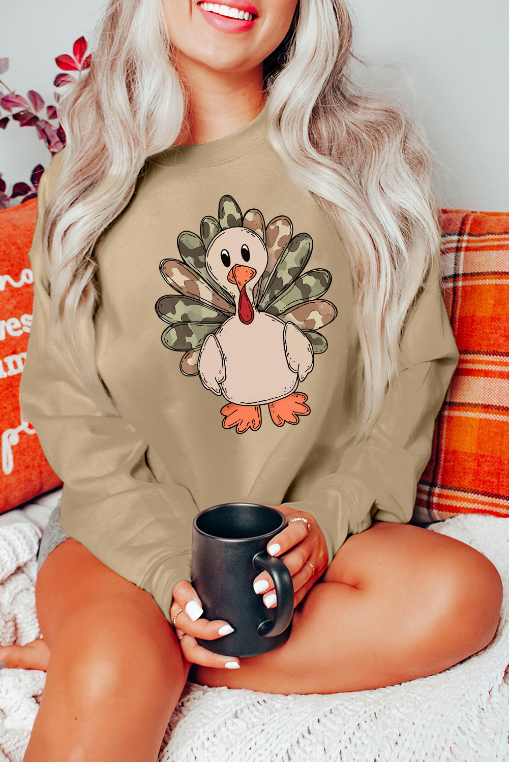 Khaki Camouflage Turkey Print Thanksgiving Fashion Graphic Sweatshirt