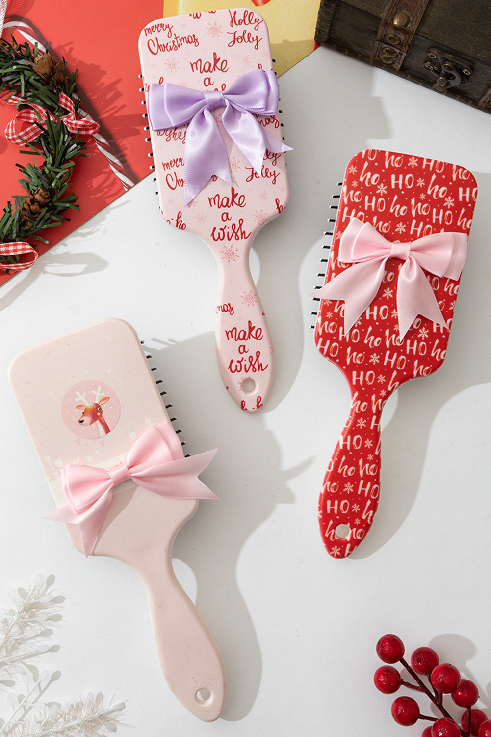 Fiery Red Christmas Letter Print Ribbon Bow Decor Scalp Massage Comb