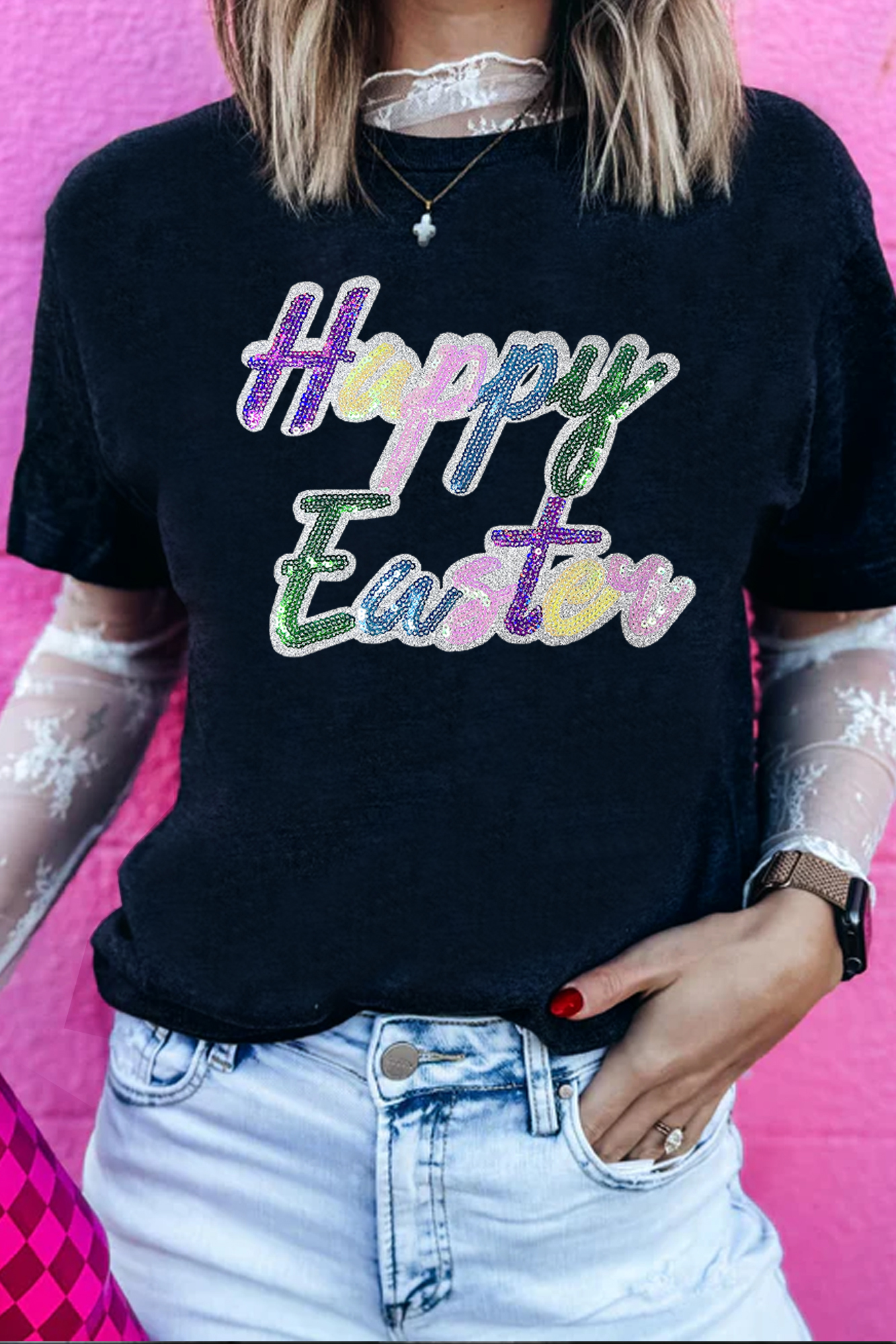 Black Sequined Happy Easter Graphic Tee