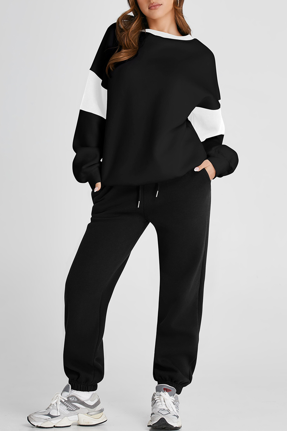 Black Drop Shoulder Loose Sweatshirt and Joggers Active Set