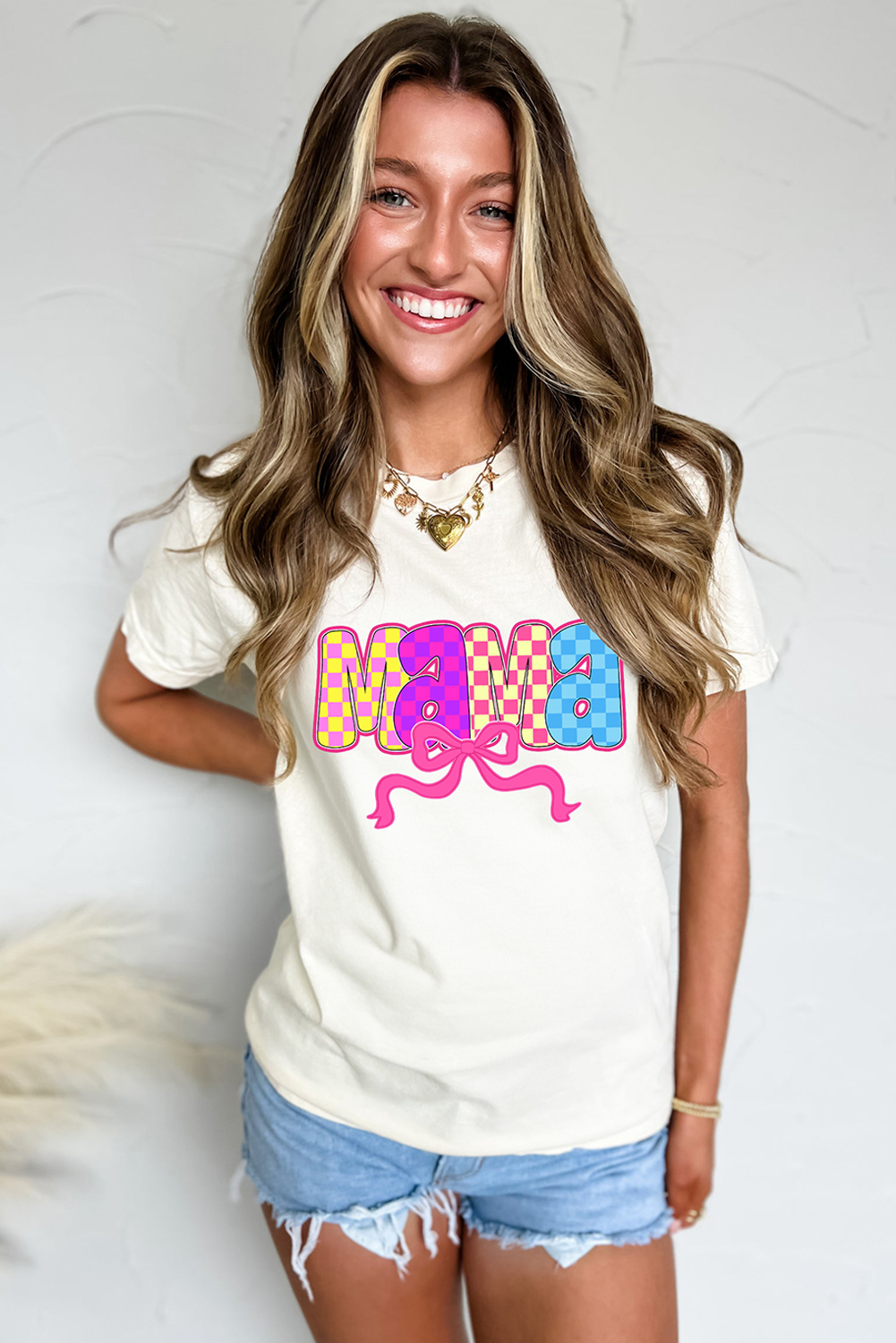 White MAMA Checkered Bow Knot Print Crewneck T Shirt