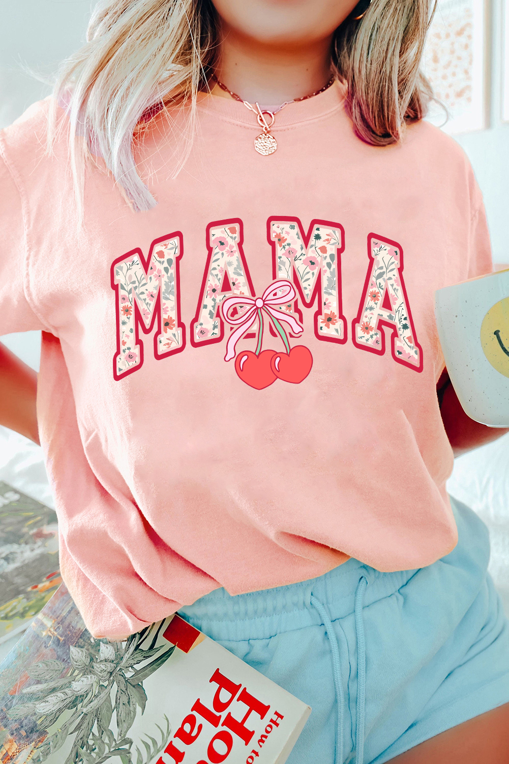 Pink Floral MAMA Cherry Graphic Crewneck T Shirt