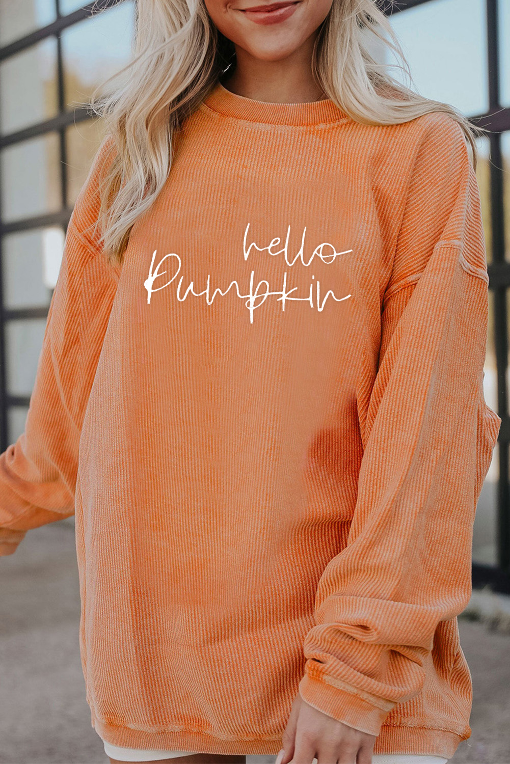 Orange hello pumpkin Letter Embroidered 3D Ribbed Texture Baggy Sweatshirt
