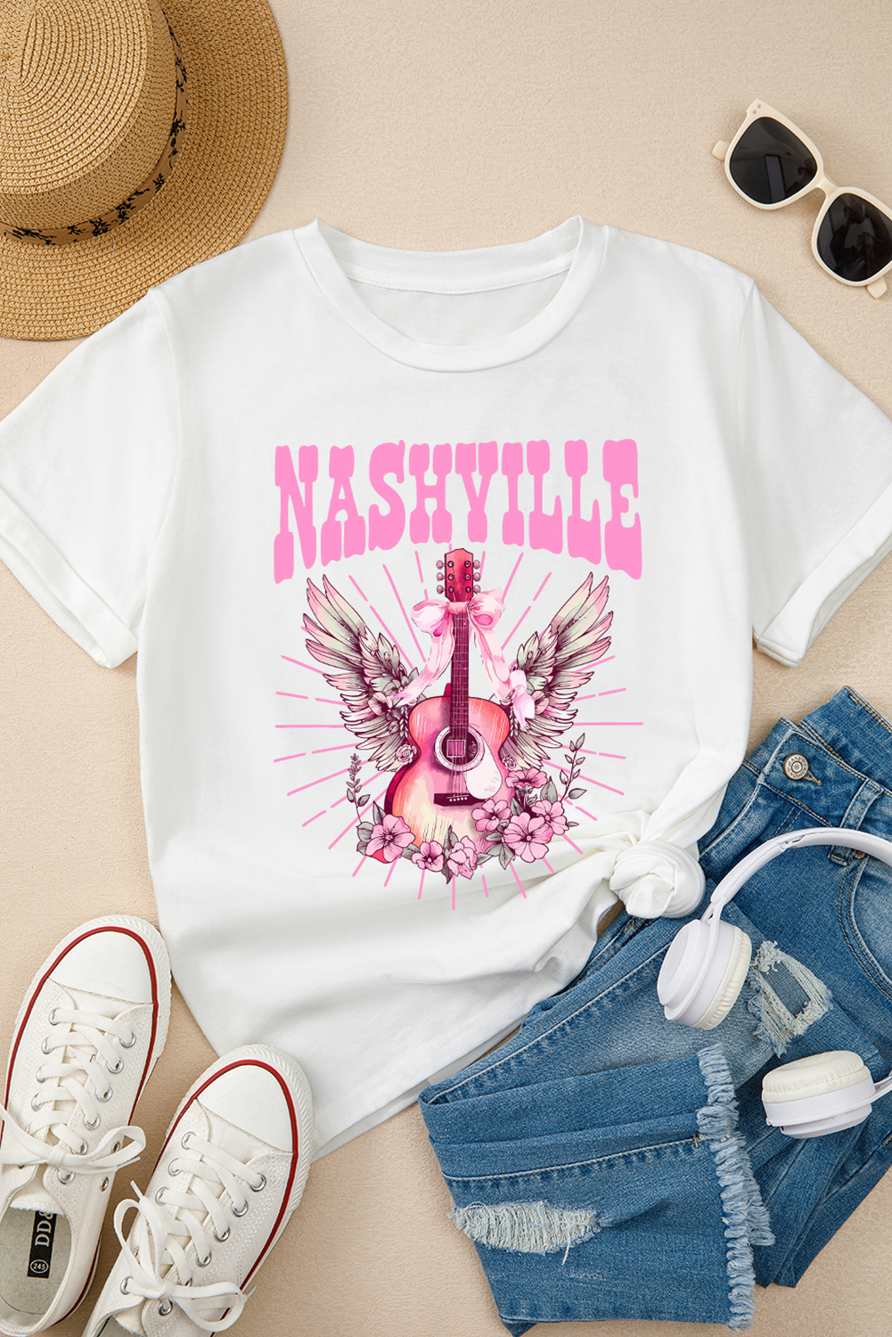 White NASHVILLE Guitar Graphic Music Festival T Shirt