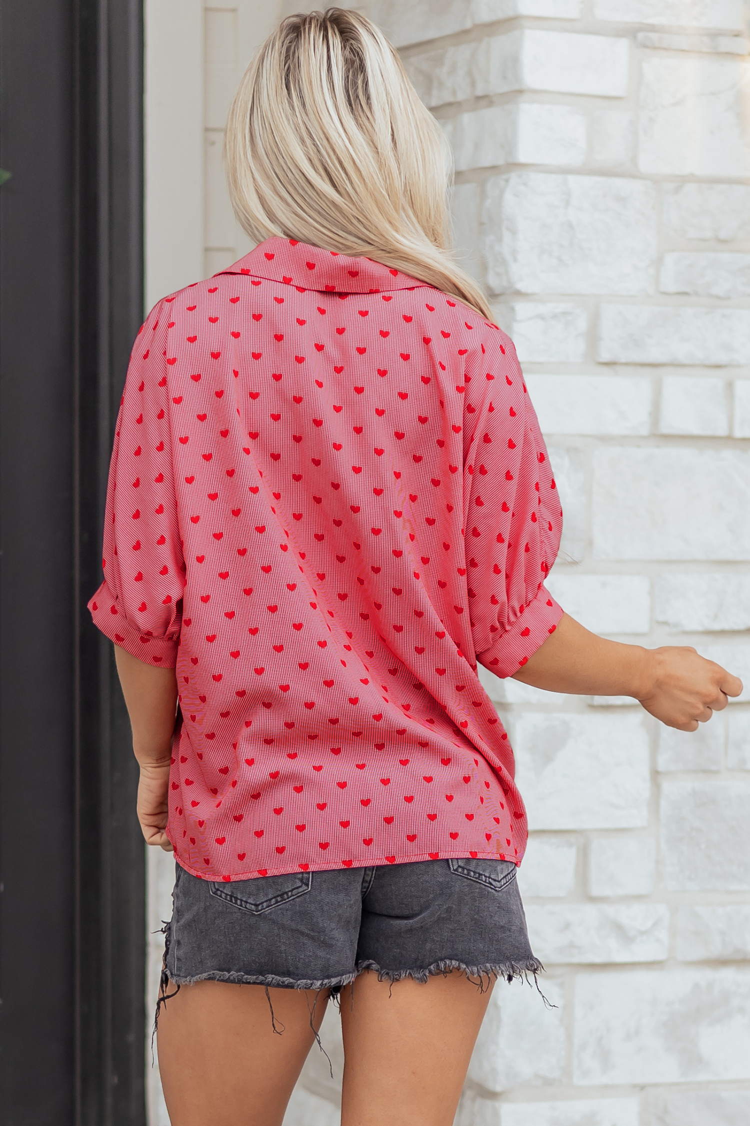 Red Heart Shape Print Half Sleeve Loose Valentine Shirt