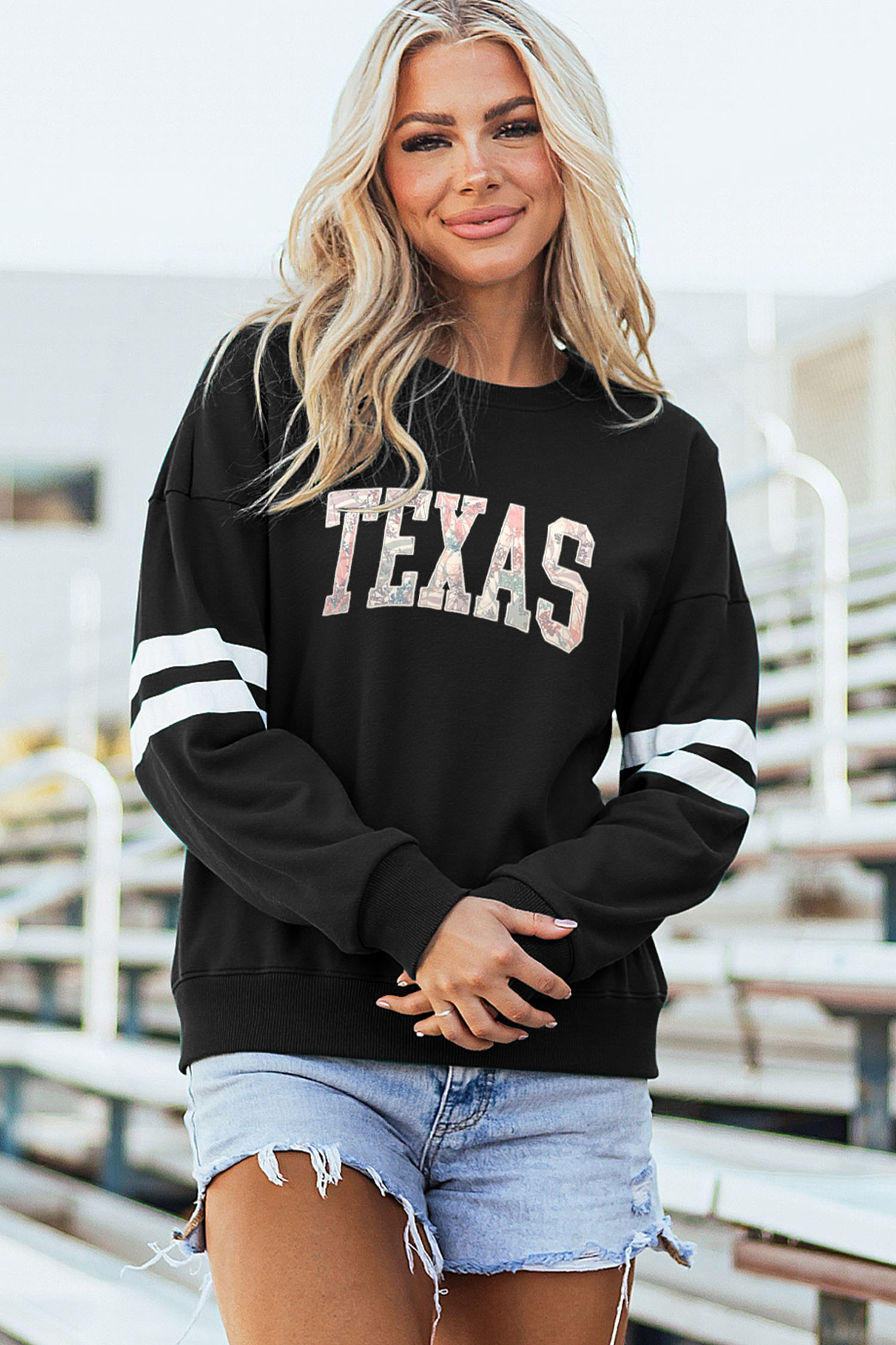 Black TEXAS Embroidered Trim Patched Graphic Oversized Varsity Sweatshirt