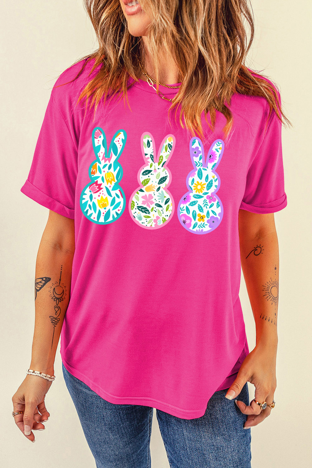 Rose Red Floral Easter Bunny Graphic Crew Neck Easter Tee